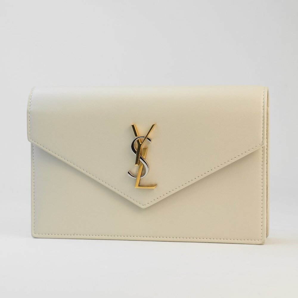 YSL Saint Laurent Envelope Leather Wallet on Chain, Crossbody/Clutch, White
